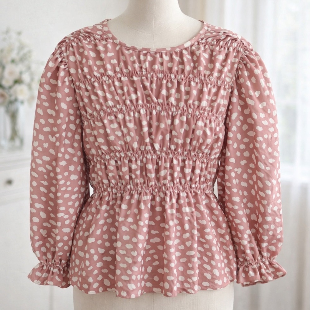 Smocked Pink Printed Long-Sleeve Peplum Top